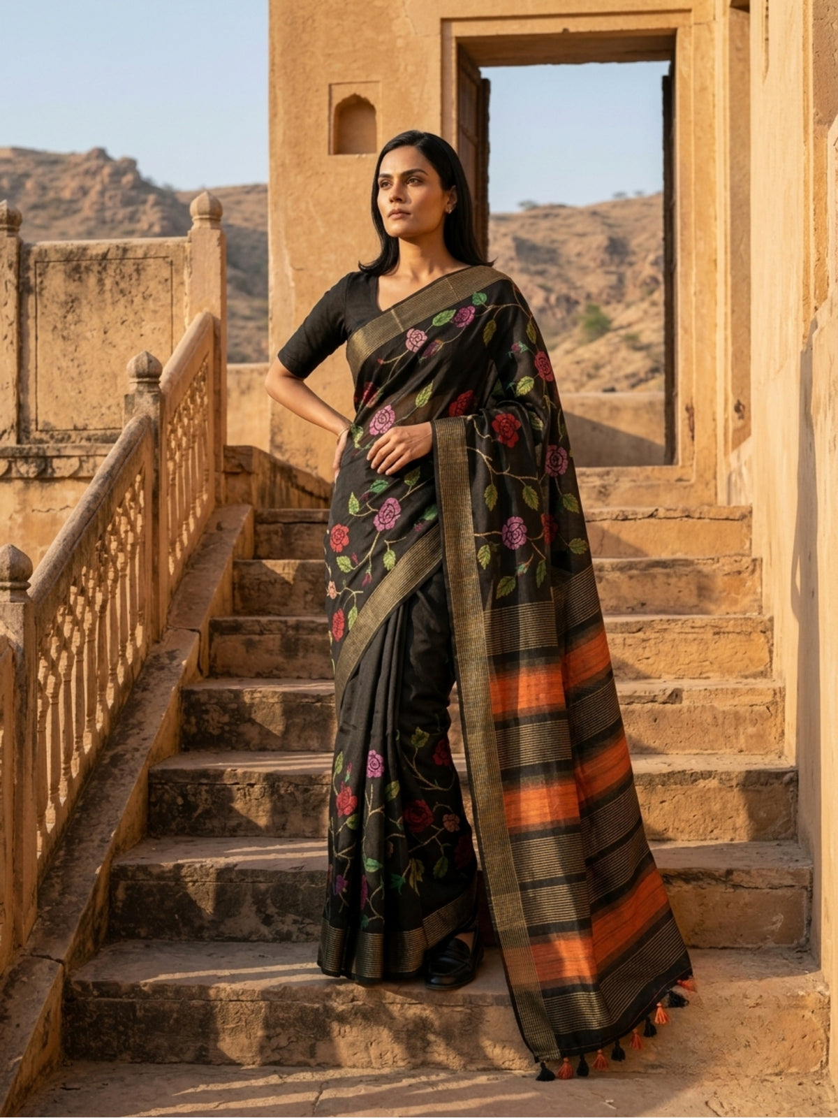 SoulWeaves Mallika black silk kalamkari saree with rose motifs
