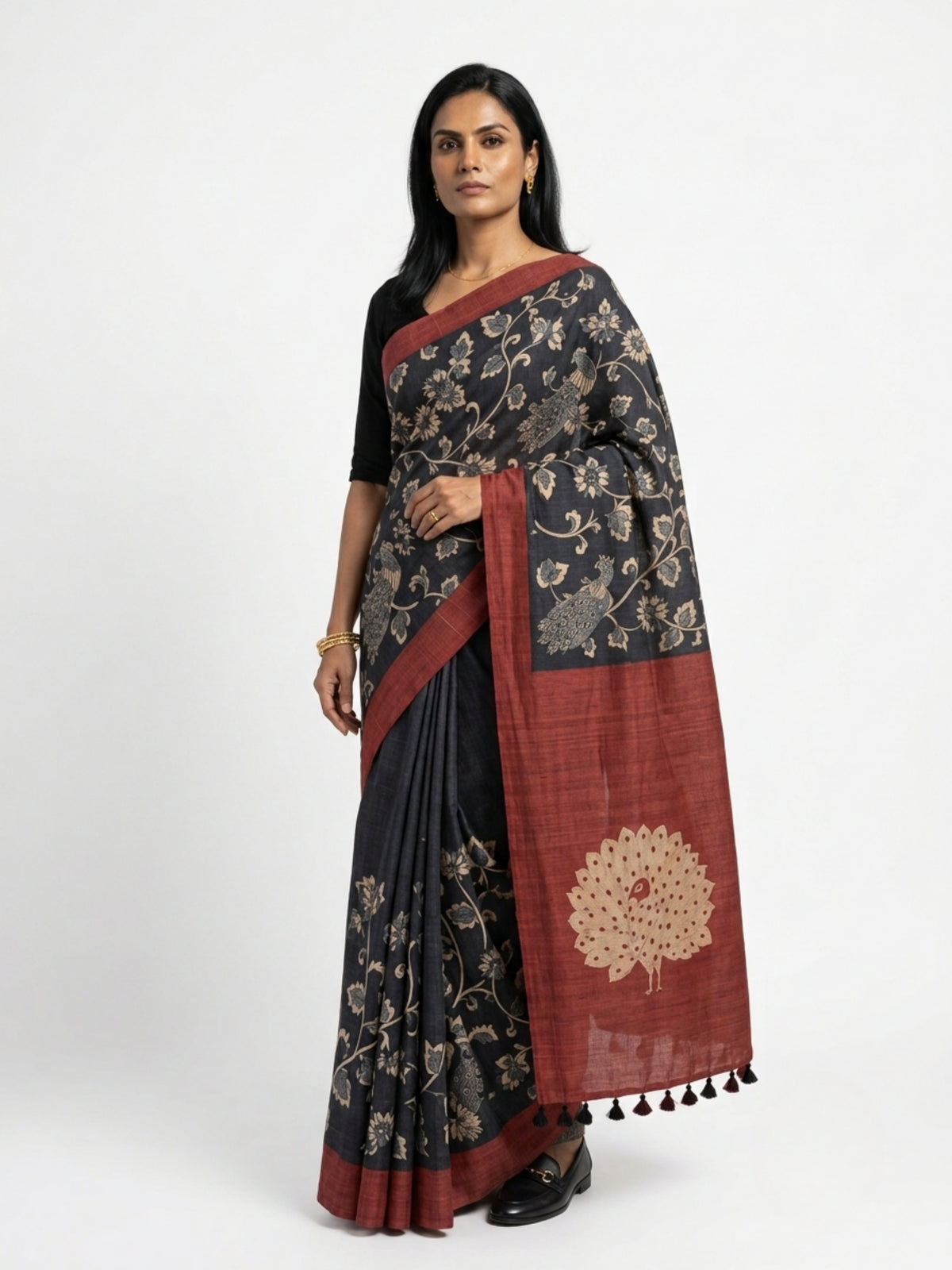 SoulWeaves Mayurika charcoal grey silk kalamkari saree with peacock motifs