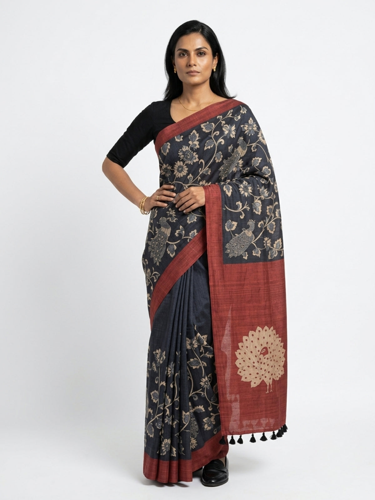 SoulWeaves Mayurika charcoal grey silk kalamkari saree with peacock motifs