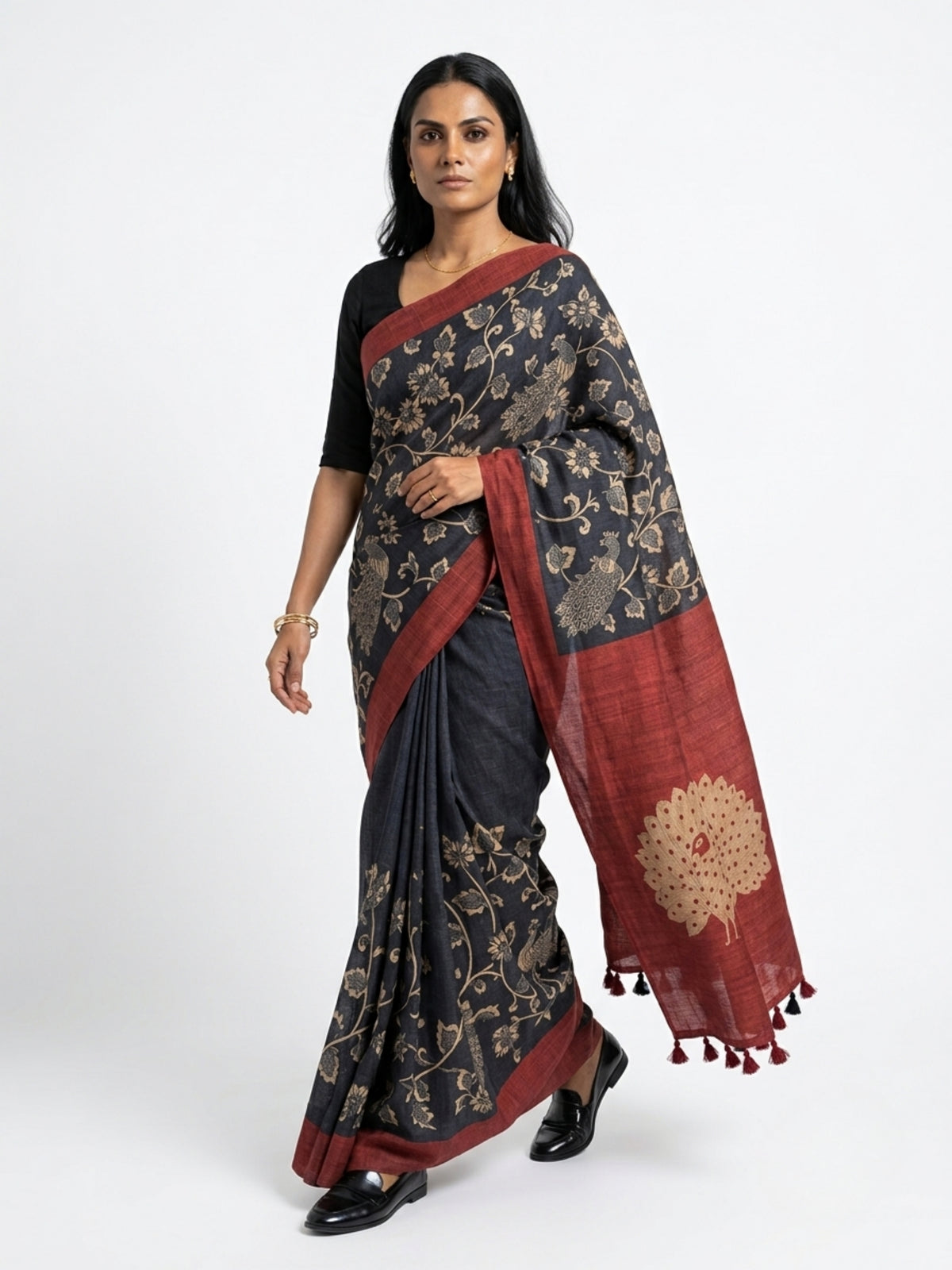 SoulWeaves Mayurika charcoal grey silk kalamkari saree with peacock motifs
