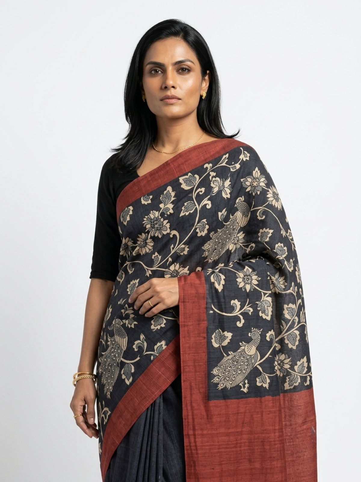 SoulWeaves Mayurika charcoal grey silk kalamkari saree with peacock motifs