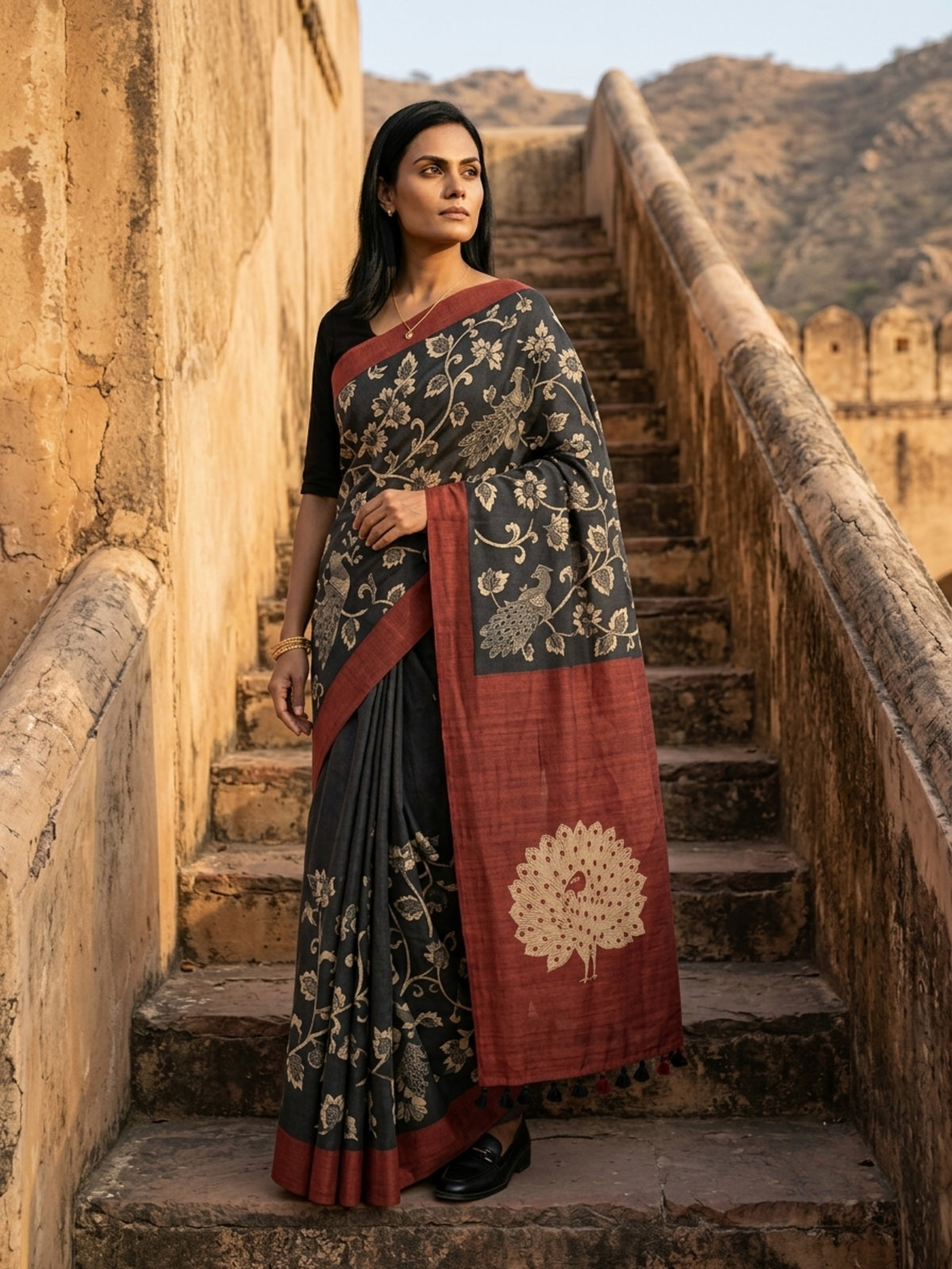 SoulWeaves Mayurika charcoal grey silk kalamkari saree with peacock motifs