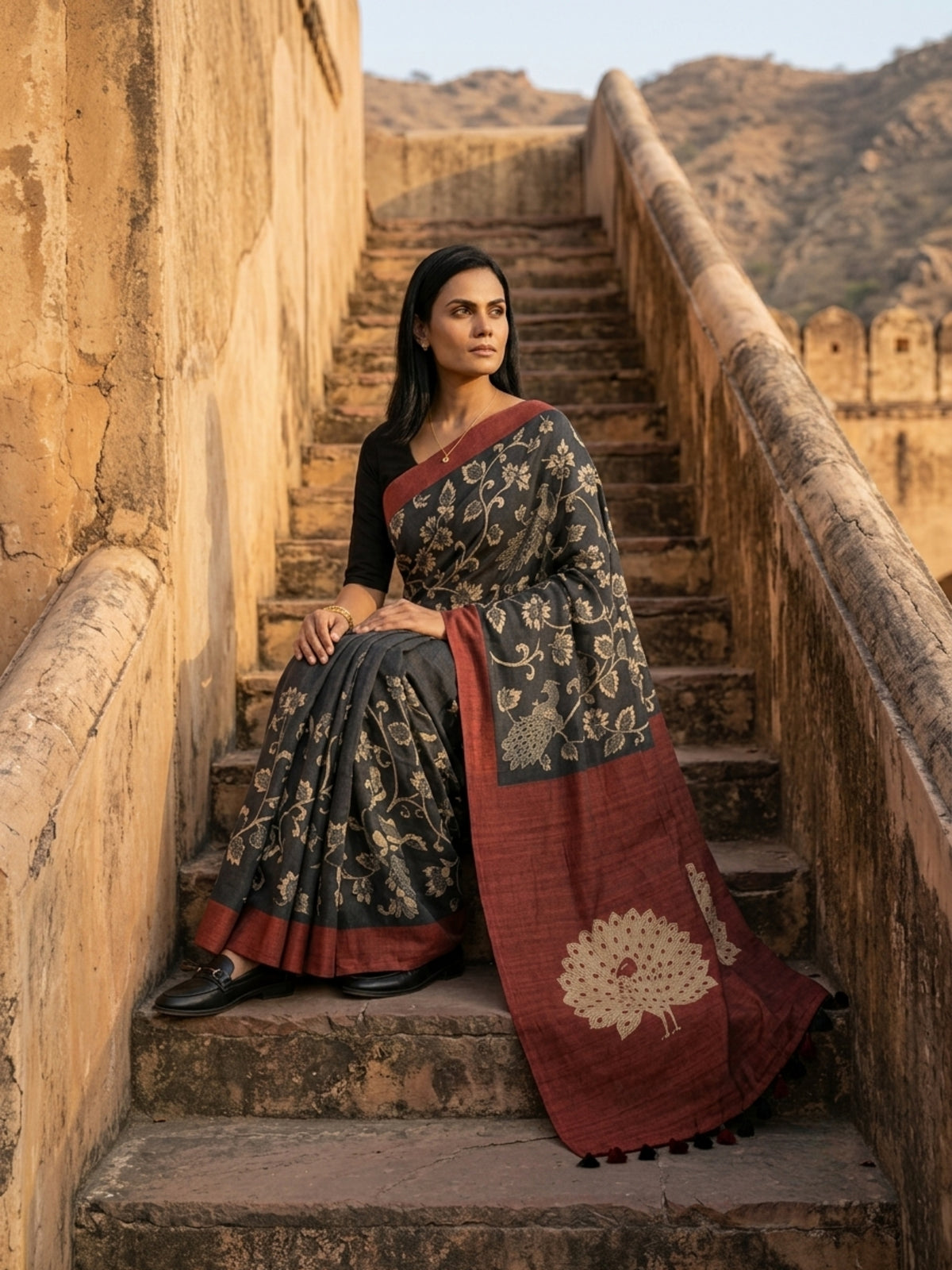 SoulWeaves Mayurika charcoal grey silk kalamkari saree with peacock motifs