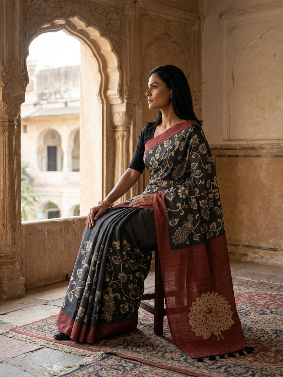 SoulWeaves Mayurika charcoal grey silk kalamkari saree with peacock motifs