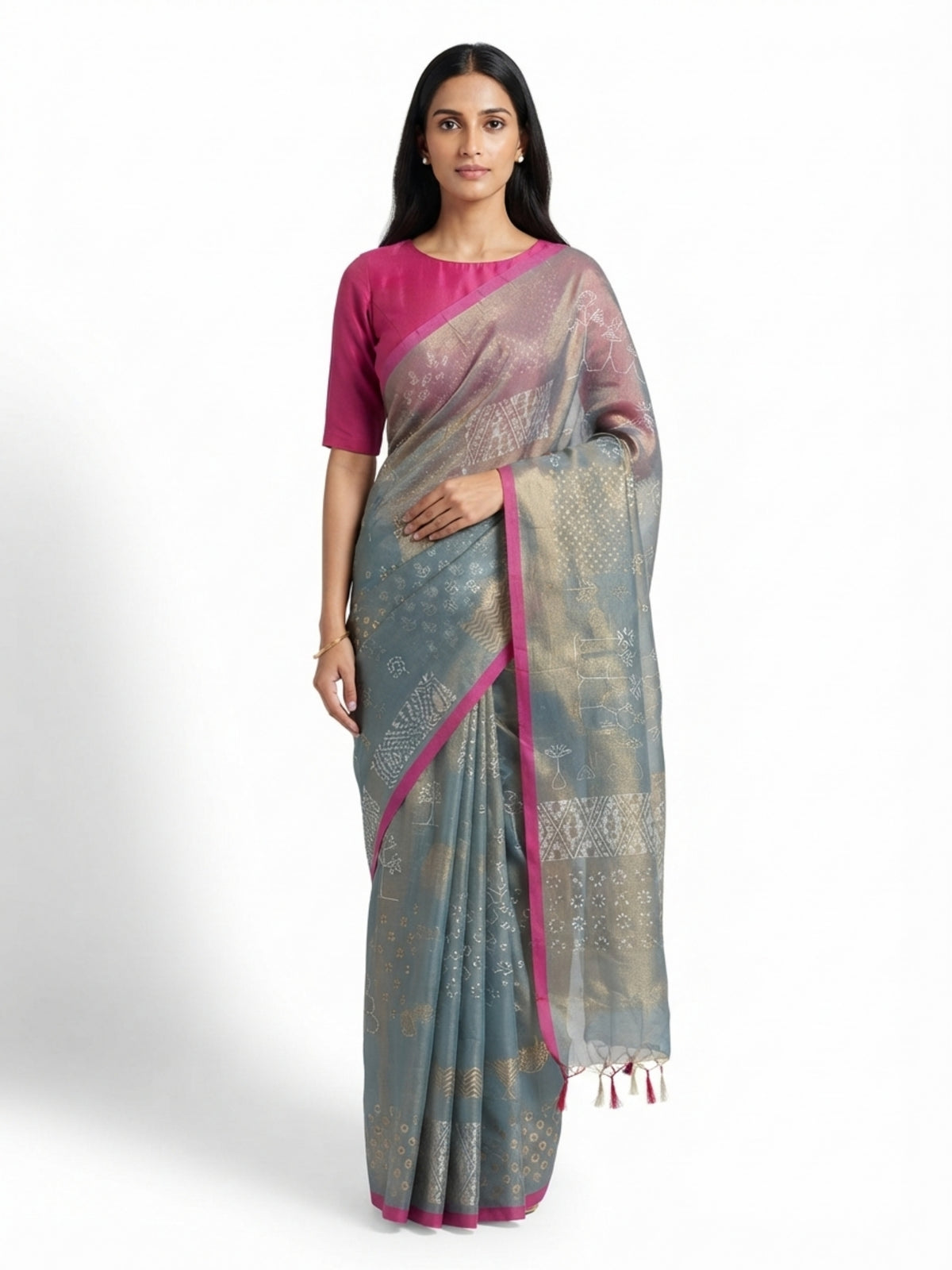 SoulWeaves Neelanjali blue-grey handwoven silk saree with geometric motifs
