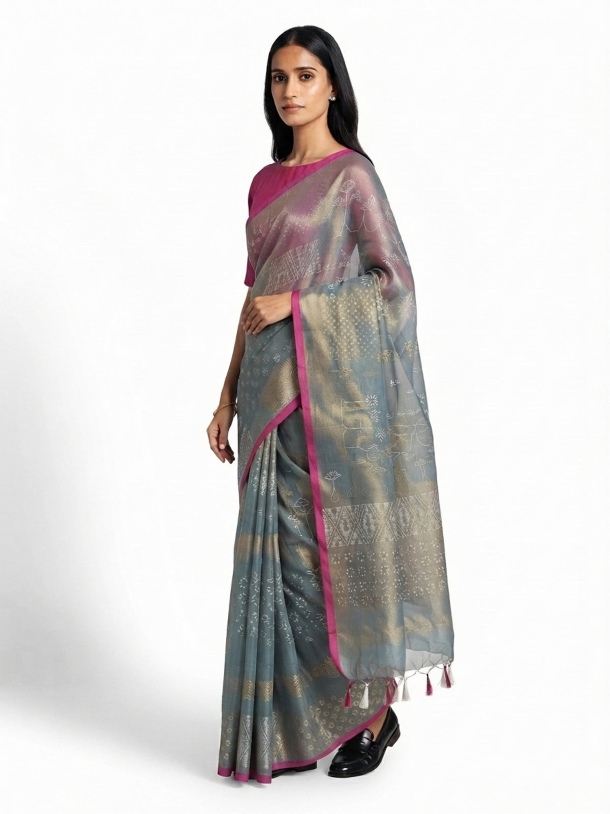 SoulWeaves Neelanjali blue-grey handwoven silk saree with geometric motifs
