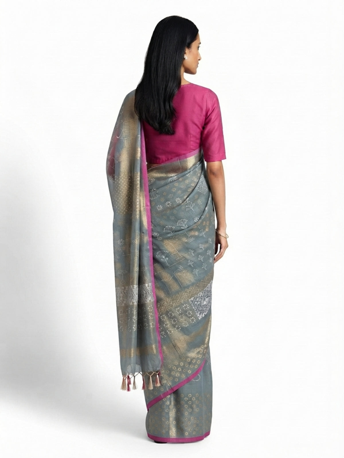 SoulWeaves Neelanjali blue-grey handwoven silk saree with geometric motifs
