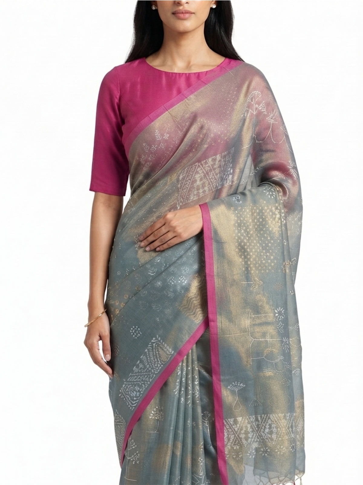 SoulWeaves Neelanjali blue-grey handwoven silk saree with geometric motifs
