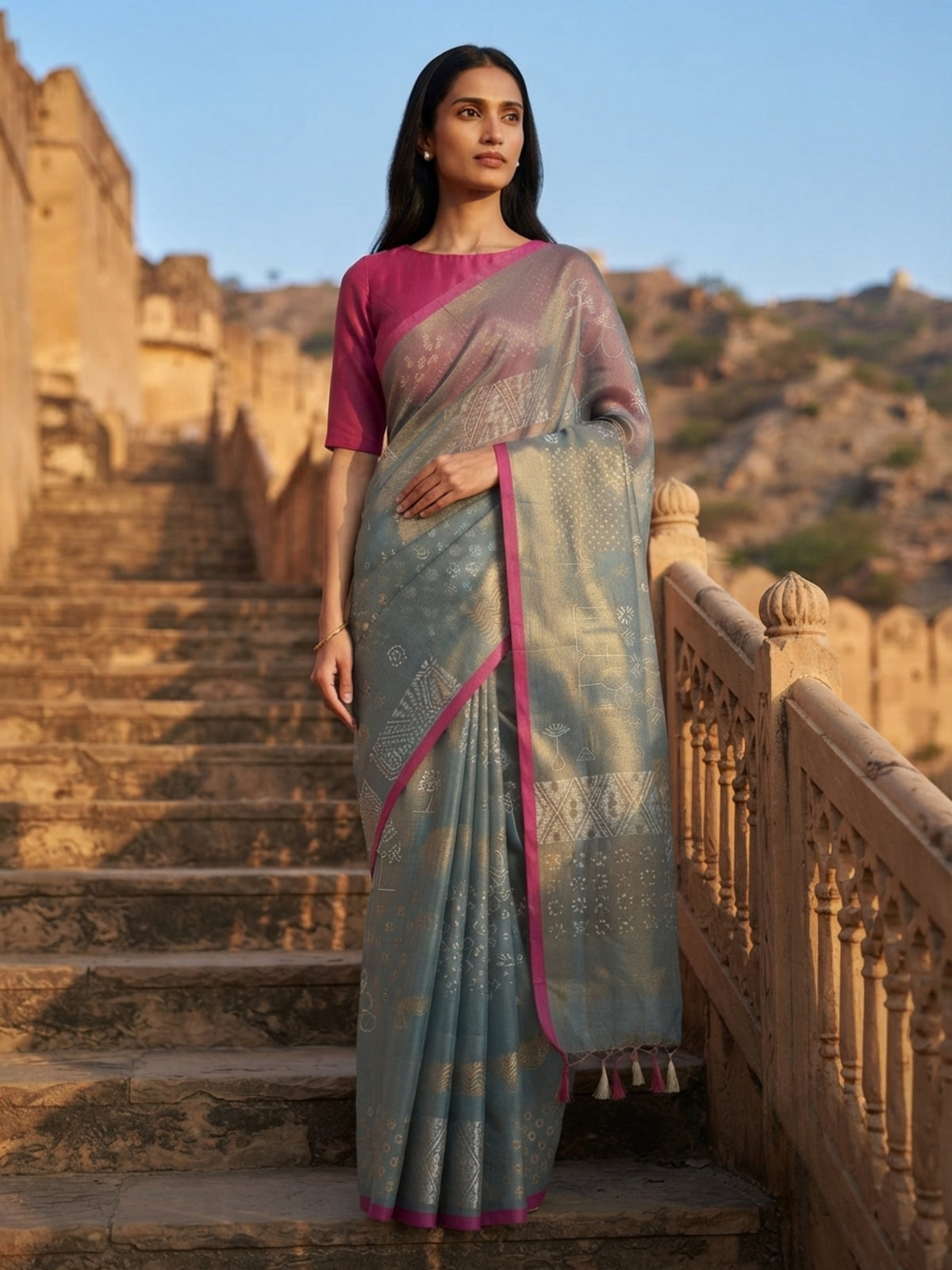 SoulWeaves Neelanjali blue-grey handwoven silk saree with geometric motifs
