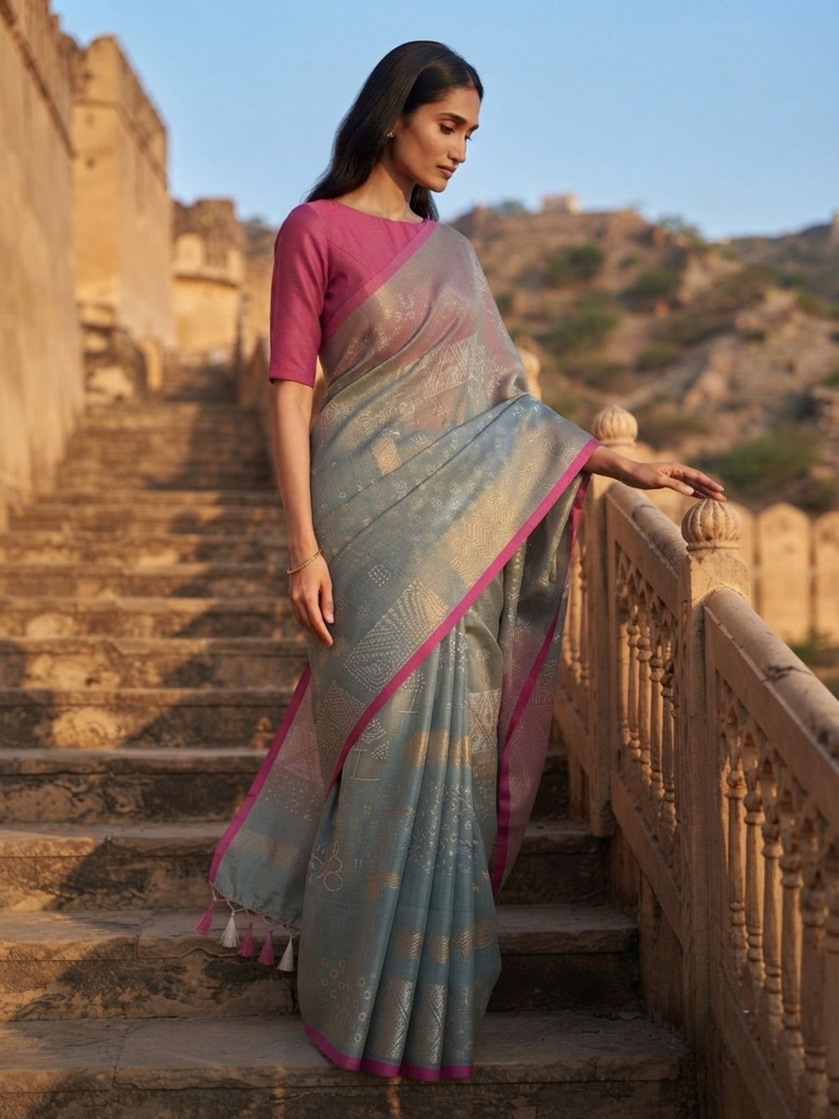 SoulWeaves Neelanjali blue-grey handwoven silk saree with geometric motifs
