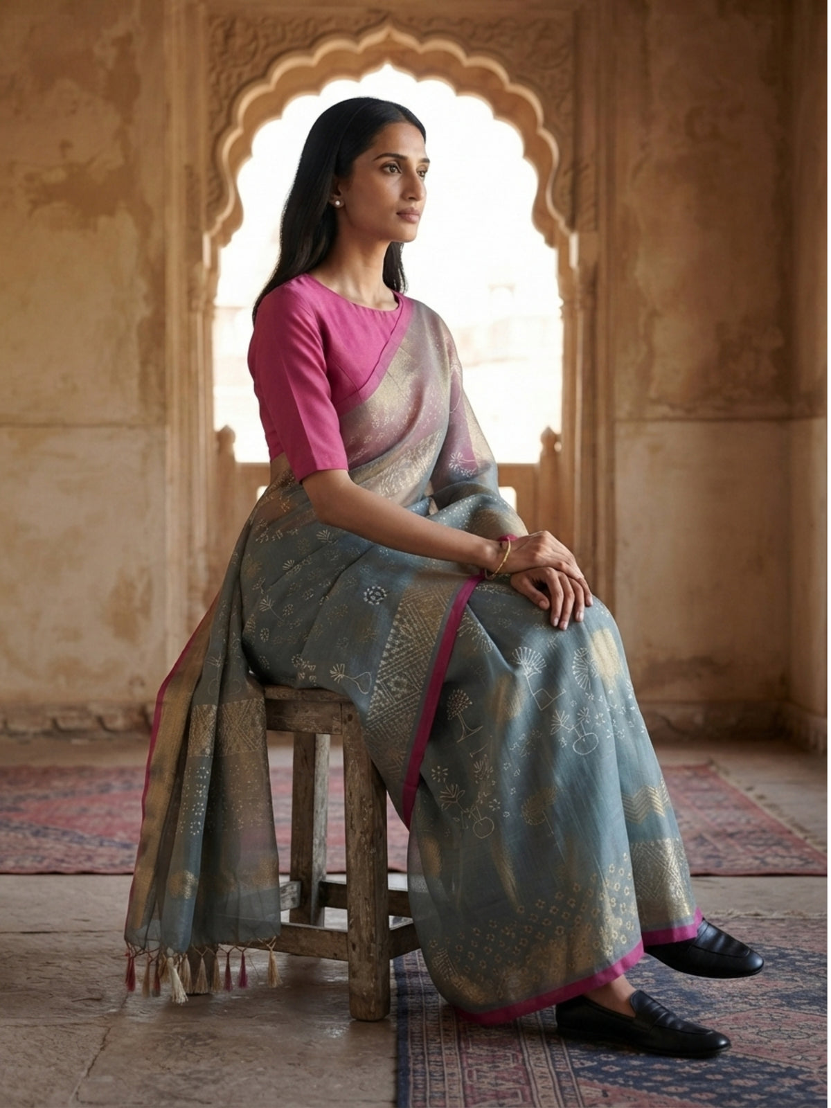 SoulWeaves Neelanjali blue-grey handwoven silk saree with geometric motifs

