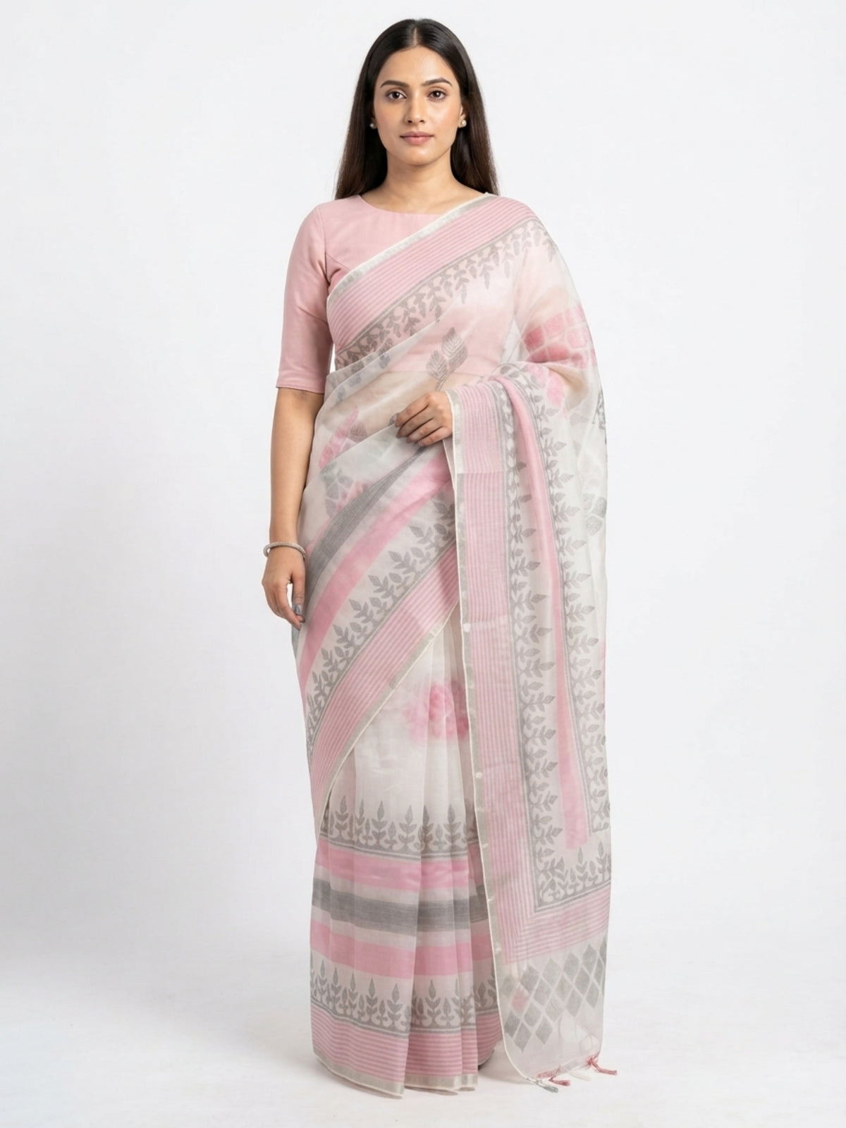 SoulWeaves Pankhuri blush pink silk organza saree with delicate leafy motifs and striped border