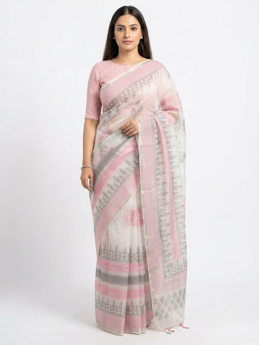 SoulWeaves Pankhuri blush pink silk organza saree with delicate leafy motifs and striped border