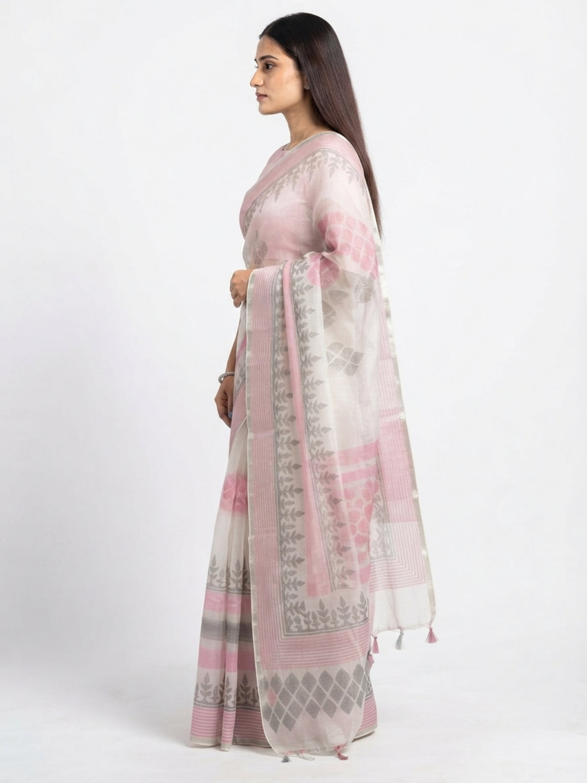 SoulWeaves Pankhuri blush pink silk organza saree with delicate leafy motifs and striped border