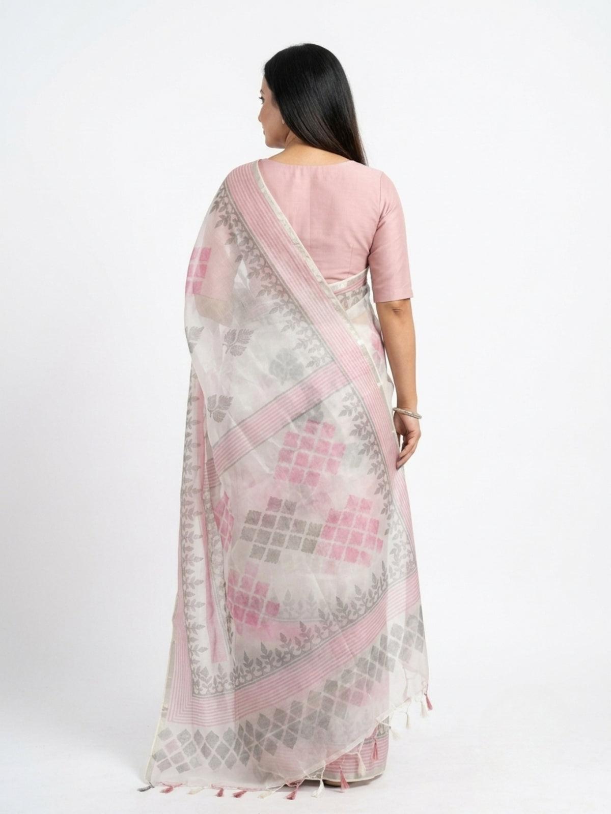 SoulWeaves Pankhuri blush pink silk organza saree with delicate leafy motifs and striped border
