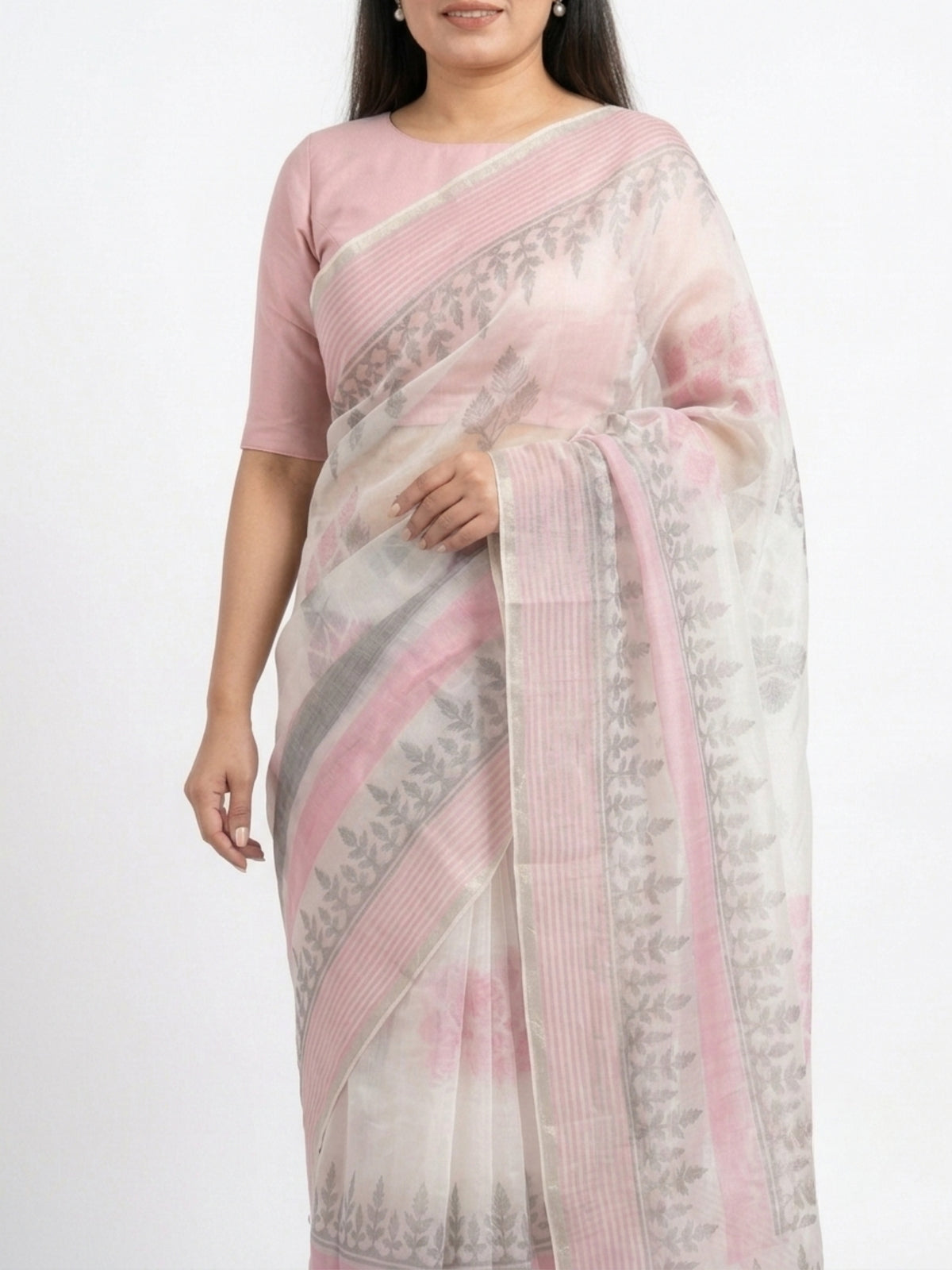 SoulWeaves Pankhuri blush pink silk organza saree with delicate leafy motifs and striped border