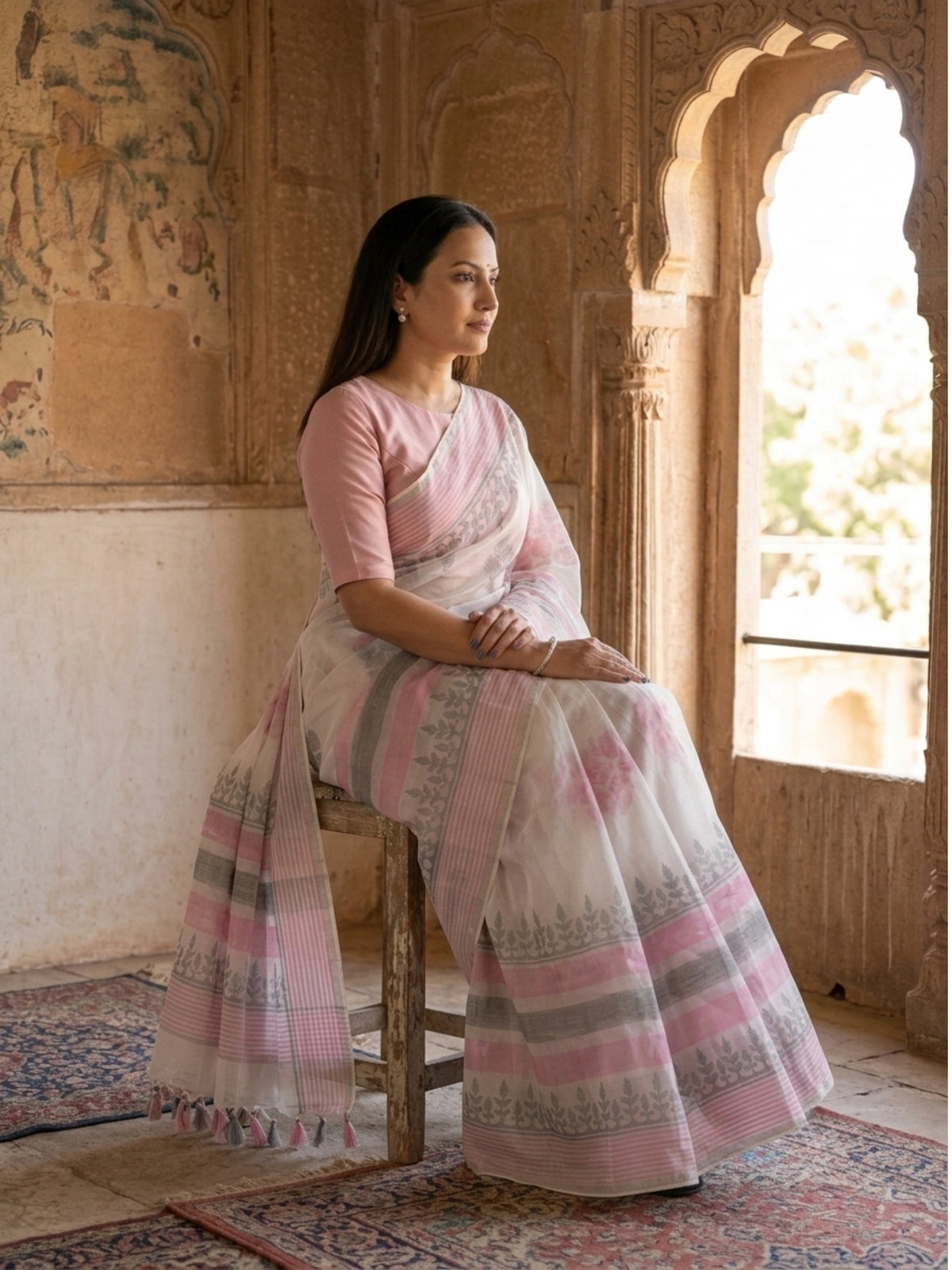 SoulWeaves Pankhuri blush pink silk organza saree with delicate leafy motifs and striped border
