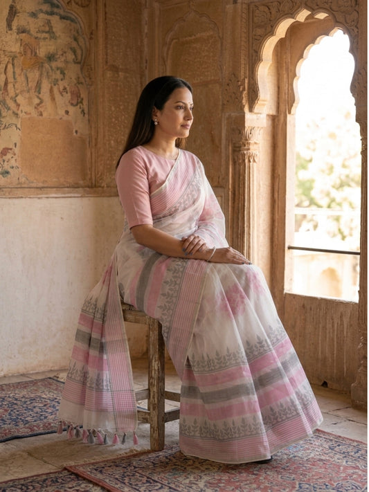 SoulWeaves Pankhuri blush pink silk organza saree with delicate leafy motifs and striped border