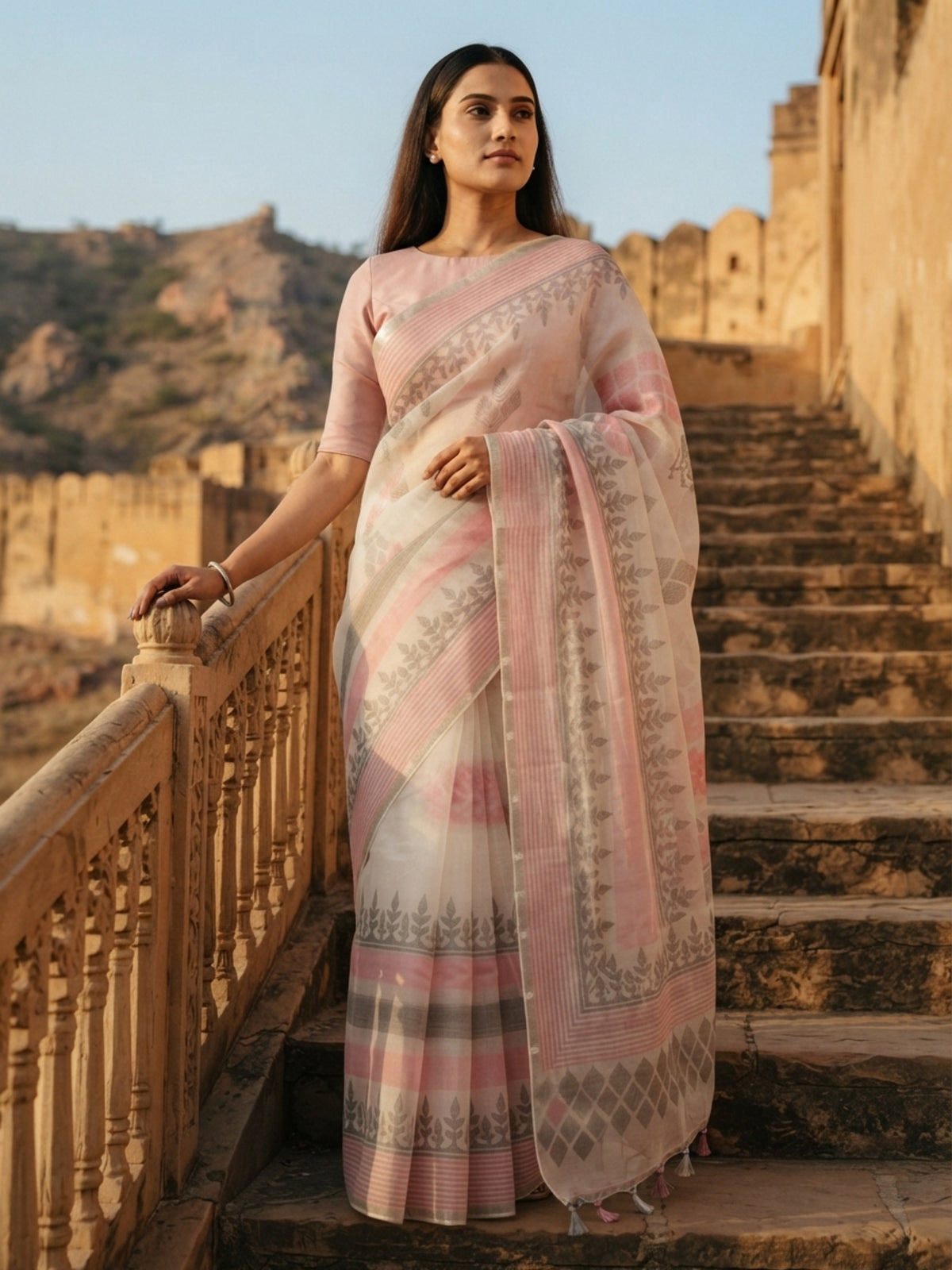 SoulWeaves Pankhuri blush pink silk organza saree with delicate leafy motifs and striped border