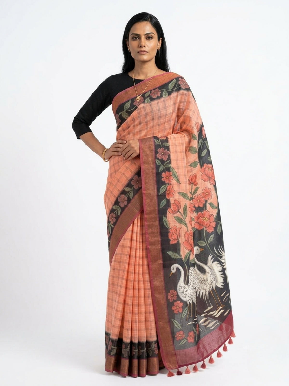 SoulWeaves Rajhansi Kalamkari saree with elegant swan motifs.