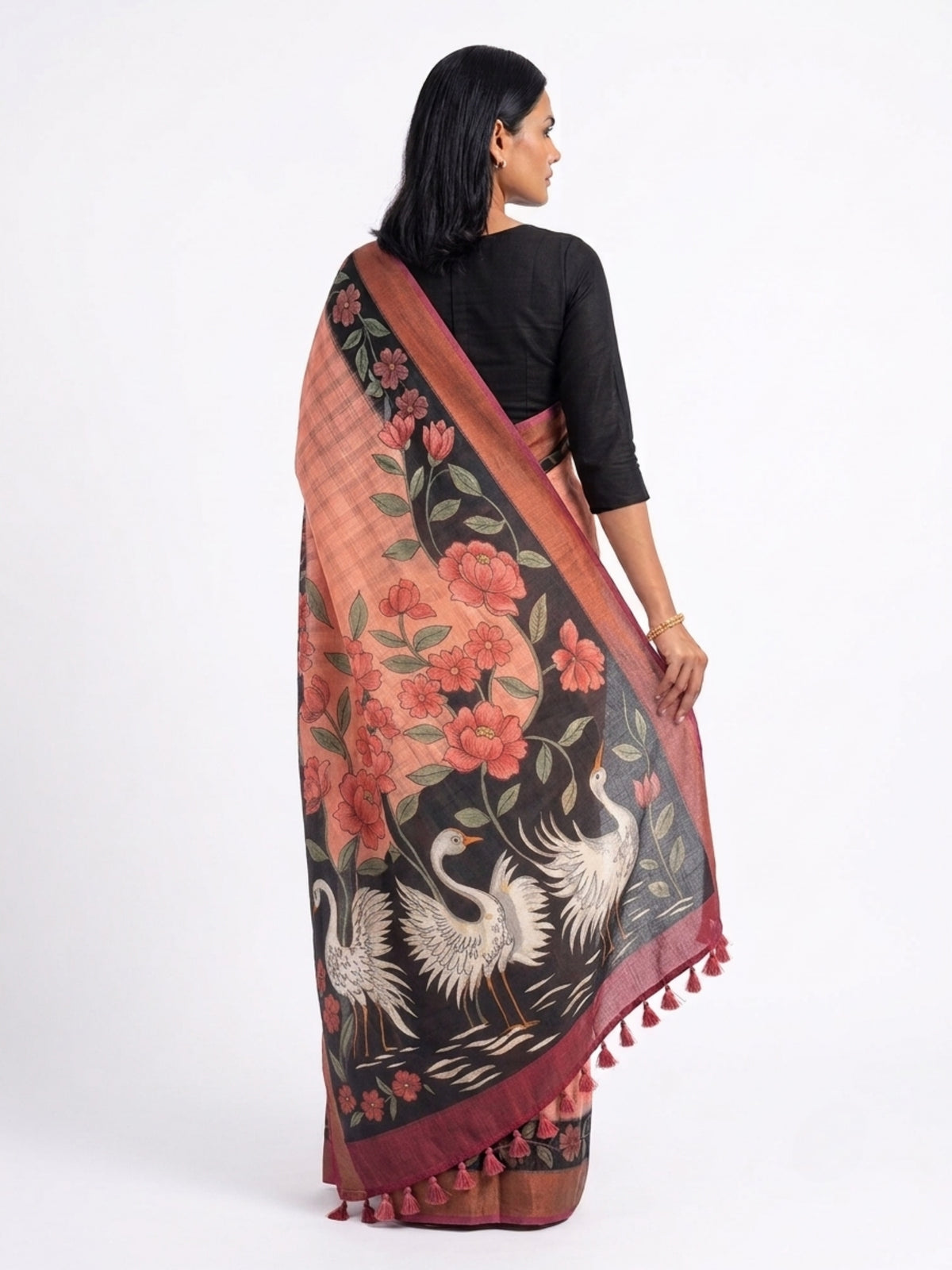 SoulWeaves Rajhansi Kalamkari saree with elegant swan motifs.