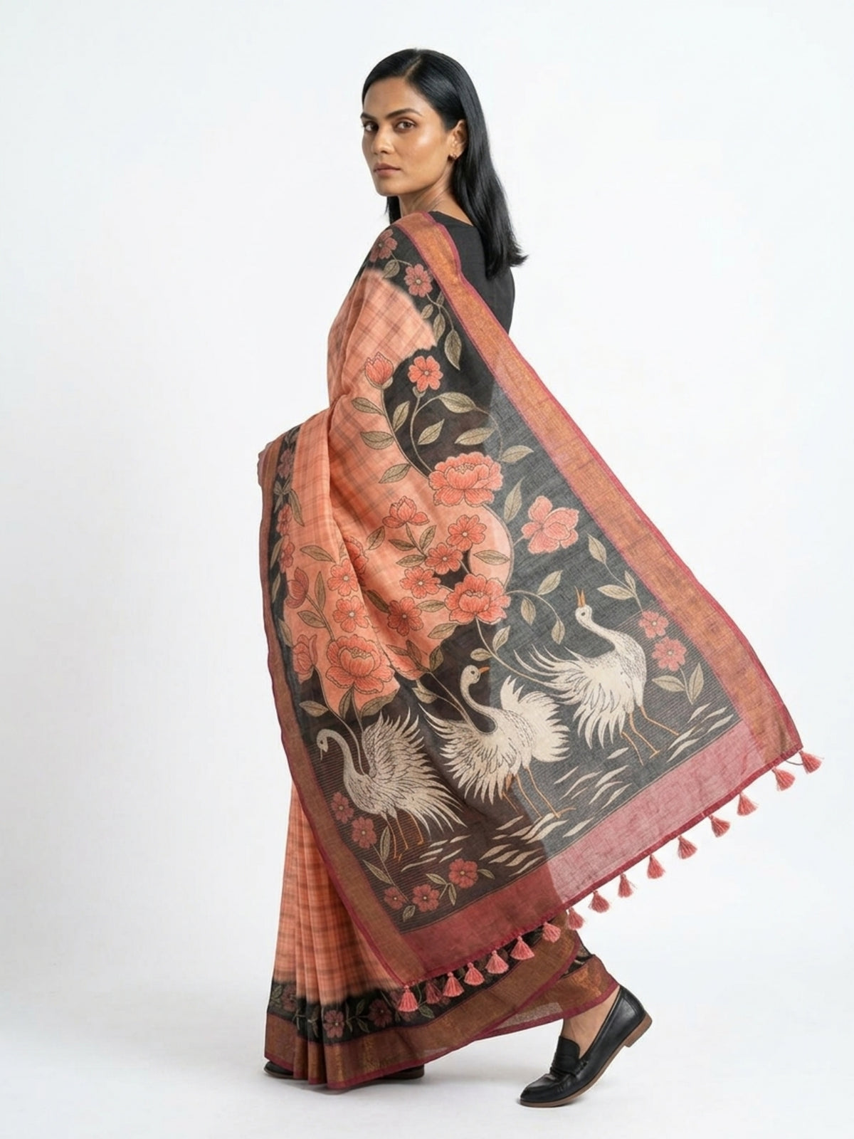 SoulWeaves Rajhansi Kalamkari saree with elegant swan motifs.