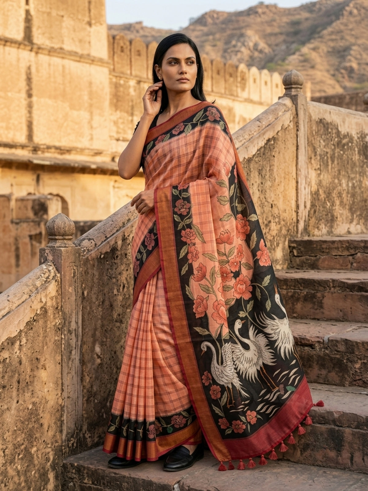 SoulWeaves Rajhansi Kalamkari saree with elegant swan motifs.