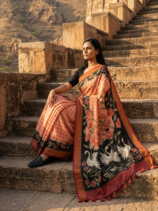 SoulWeaves Rajhansi Kalamkari saree with elegant swan motifs.