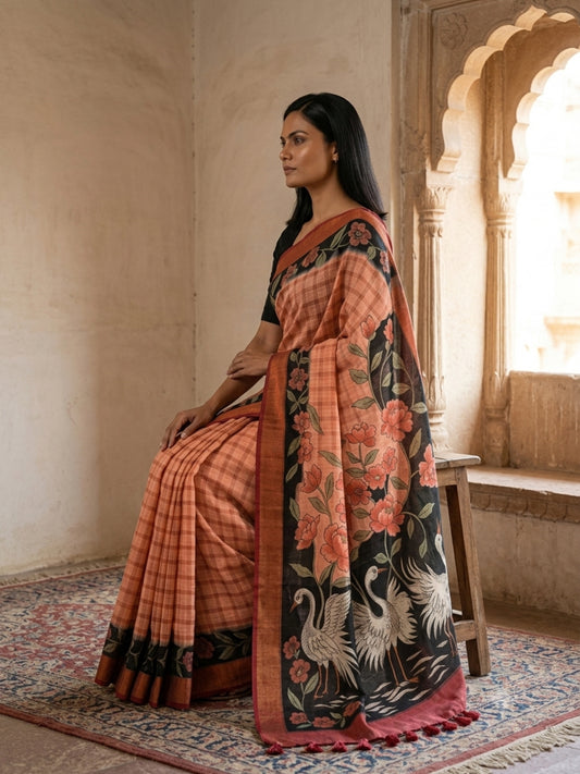 SoulWeaves Rajhansi Kalamkari saree with elegant swan motifs.