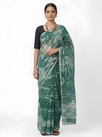 SoulWeaves teal blue handloom silk saree with block printing