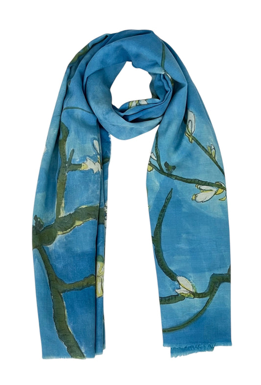 Blue scarf with floral pattern on a white background. Blue Hanami Scraf by Soulweaves
