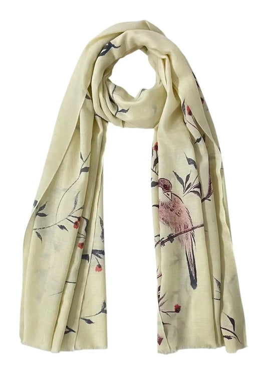 Beige scarf with bird and floral pattern on a white background Eternal Blook Scarf by Soulweaves