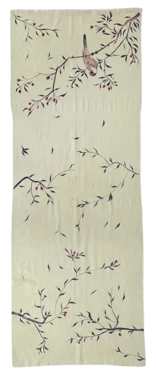 Beige scarf with bird and floral pattern on a white background Eternal Blook Scarf by Soulweaves