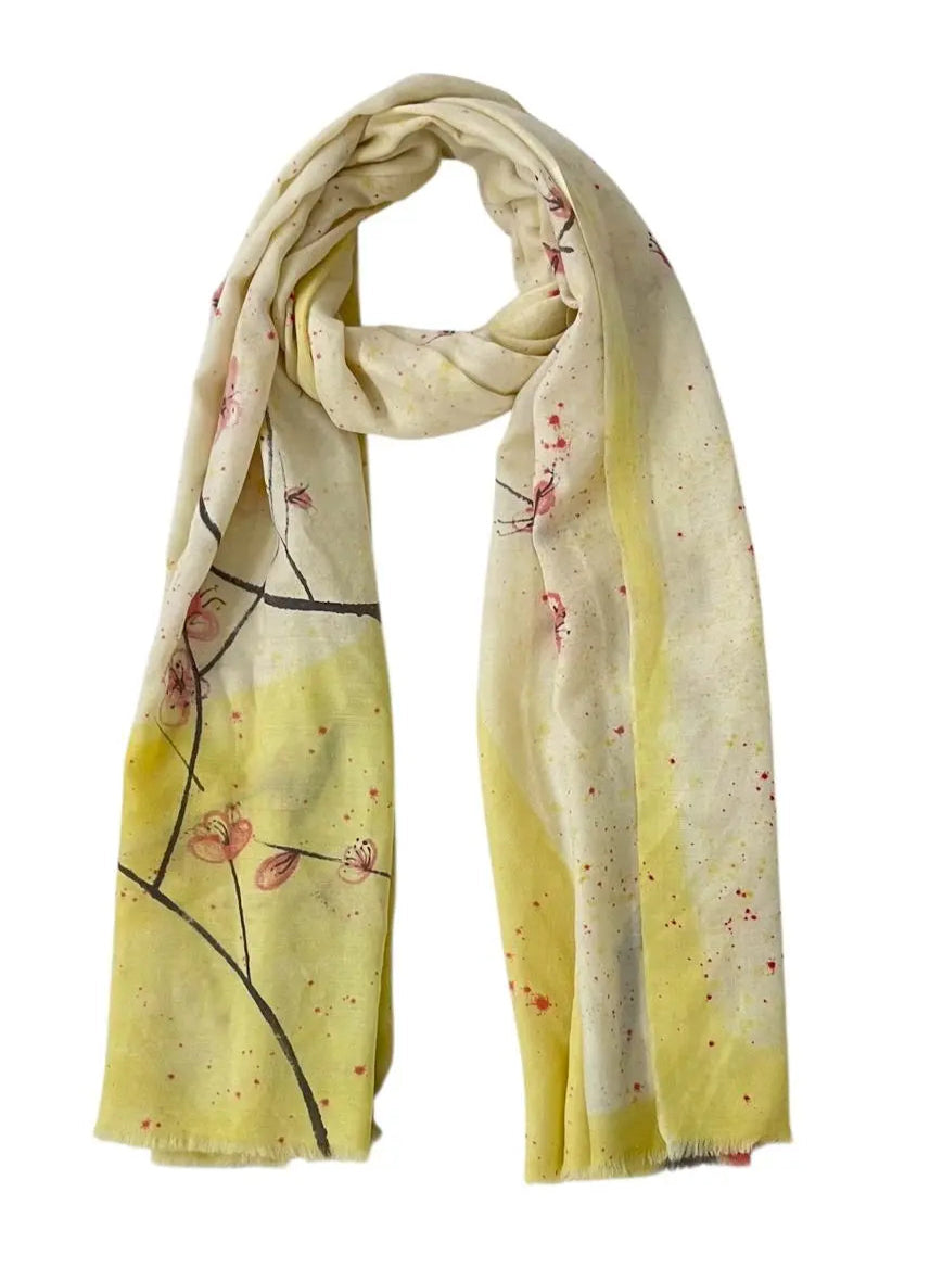 Painting of a branch with pink flowers on a textured yellow background Koharu Scarf by Soulweaves