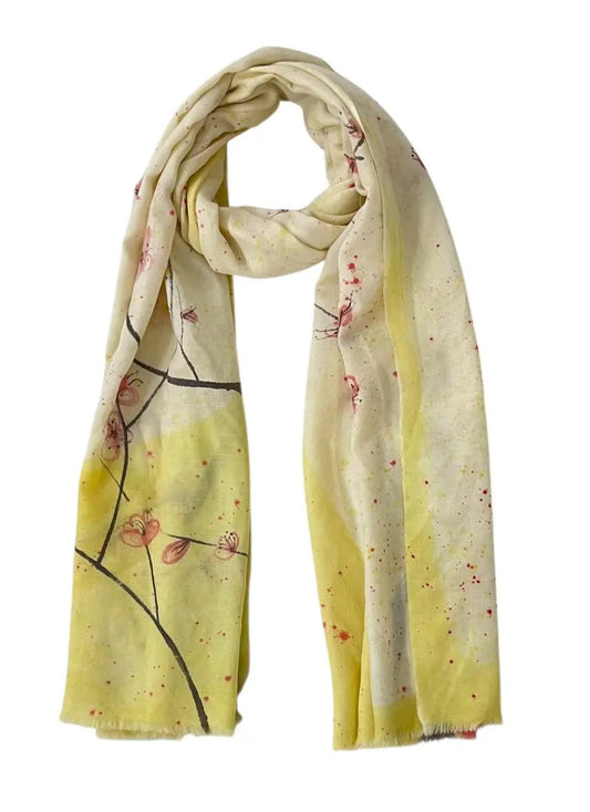 Painting of a branch with pink flowers on a textured yellow background Koharu Scarf by Soulweaves