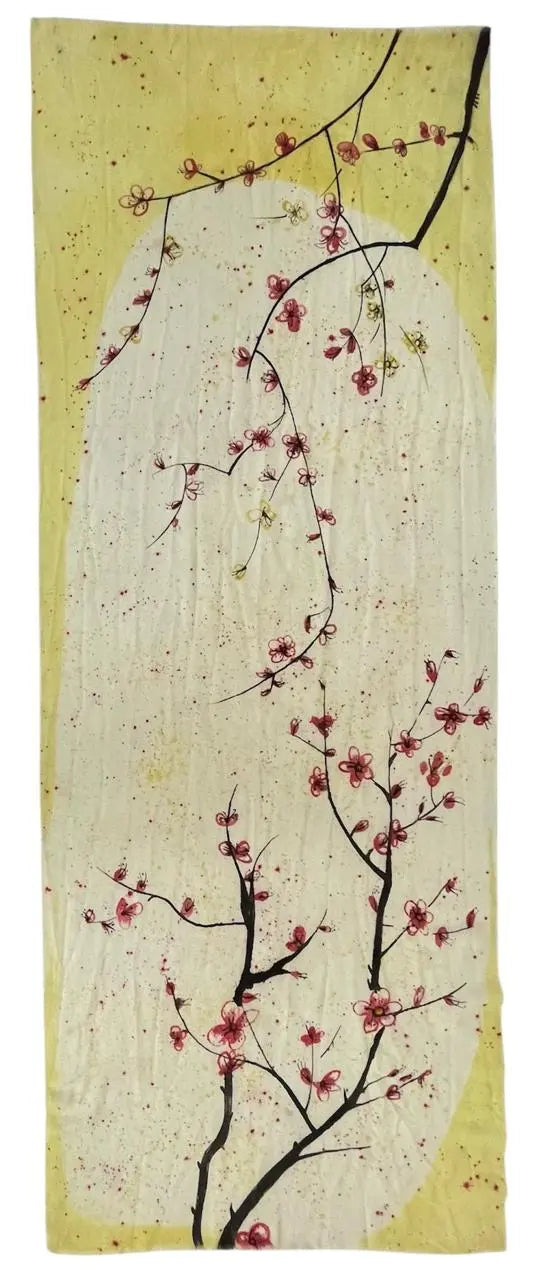 Painting of a branch with pink flowers on a textured yellow background Koharu Scarf by Soulweaves