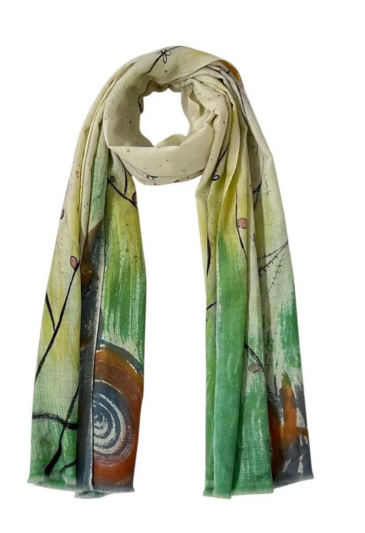 Colorful scarf with abstract design on a white background Kyoto Mist Scarf by Soulweaves