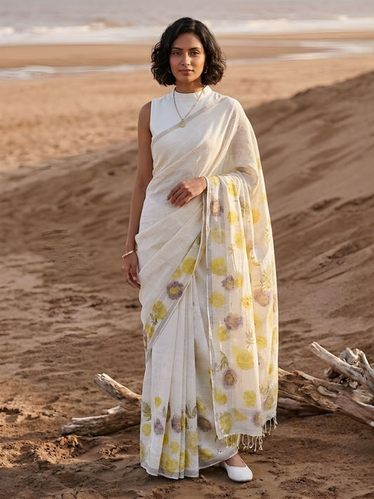 soulweaves meadow mist handloom linen saree