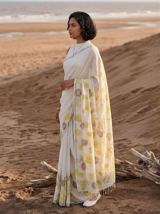 soulweaves meadow mist handloom linen saree