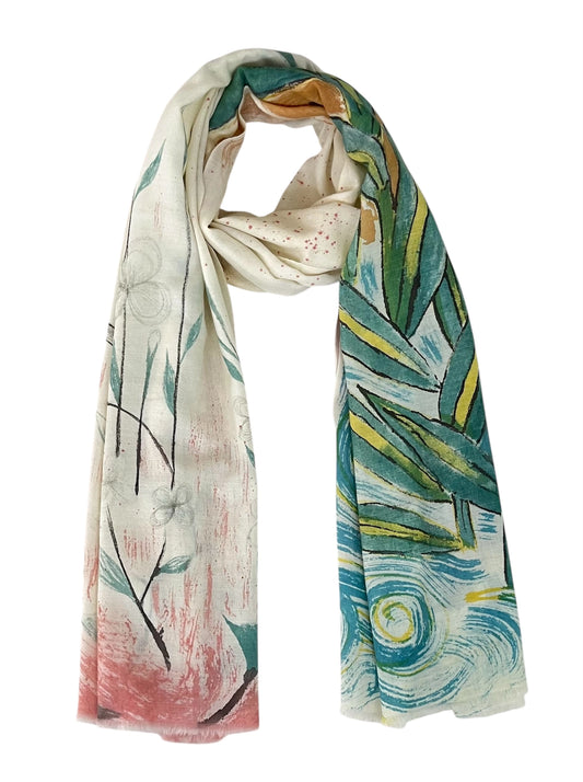Colorful scarf with leaf pattern on a white background mizu hana scarf by soulweaves