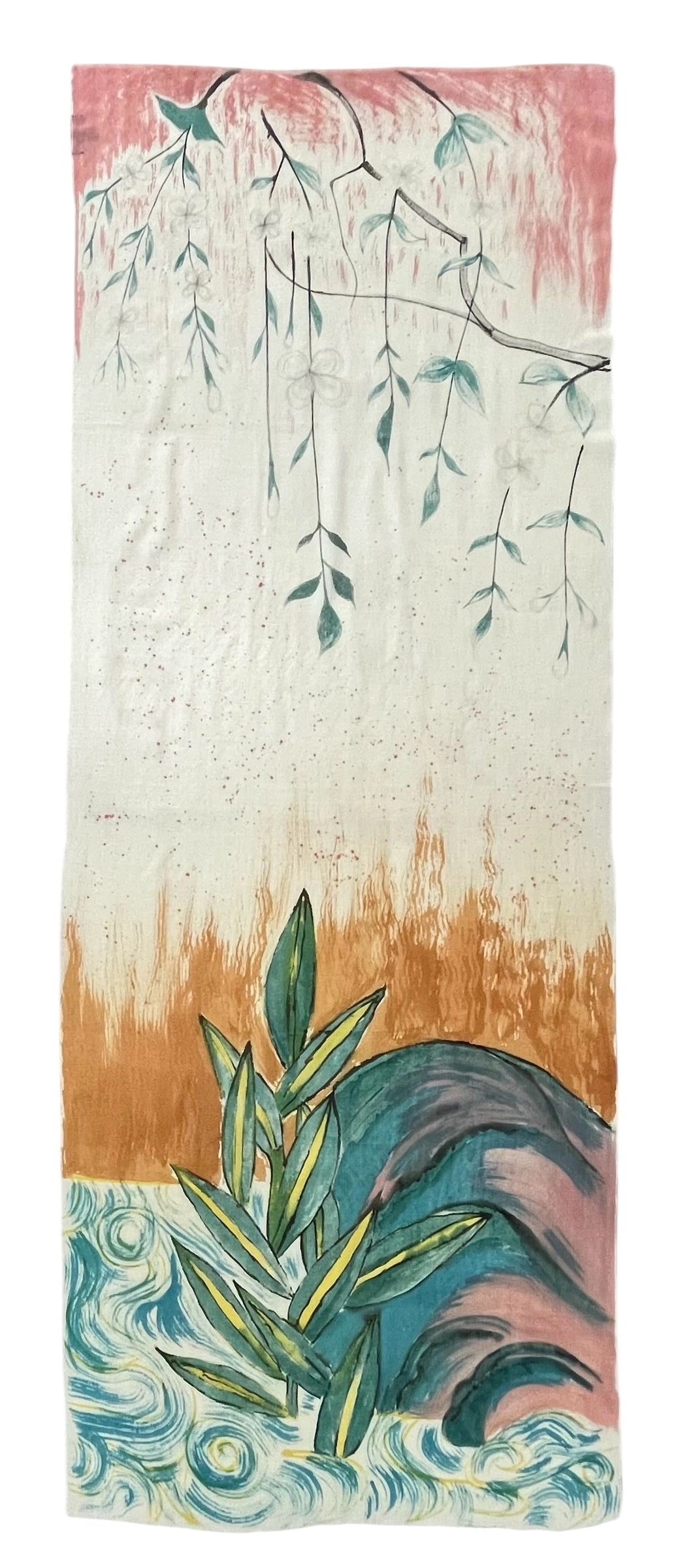 Decorative wall art with abstract plant design on a vertical surface. Mizu Hana Scarf by soulweaves 