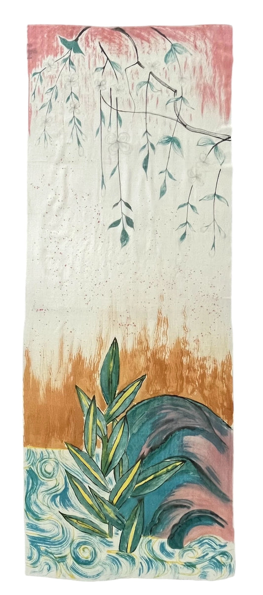 Decorative wall art with abstract plant design on a vertical surface. Mizu Hana Scarf by soulweaves 