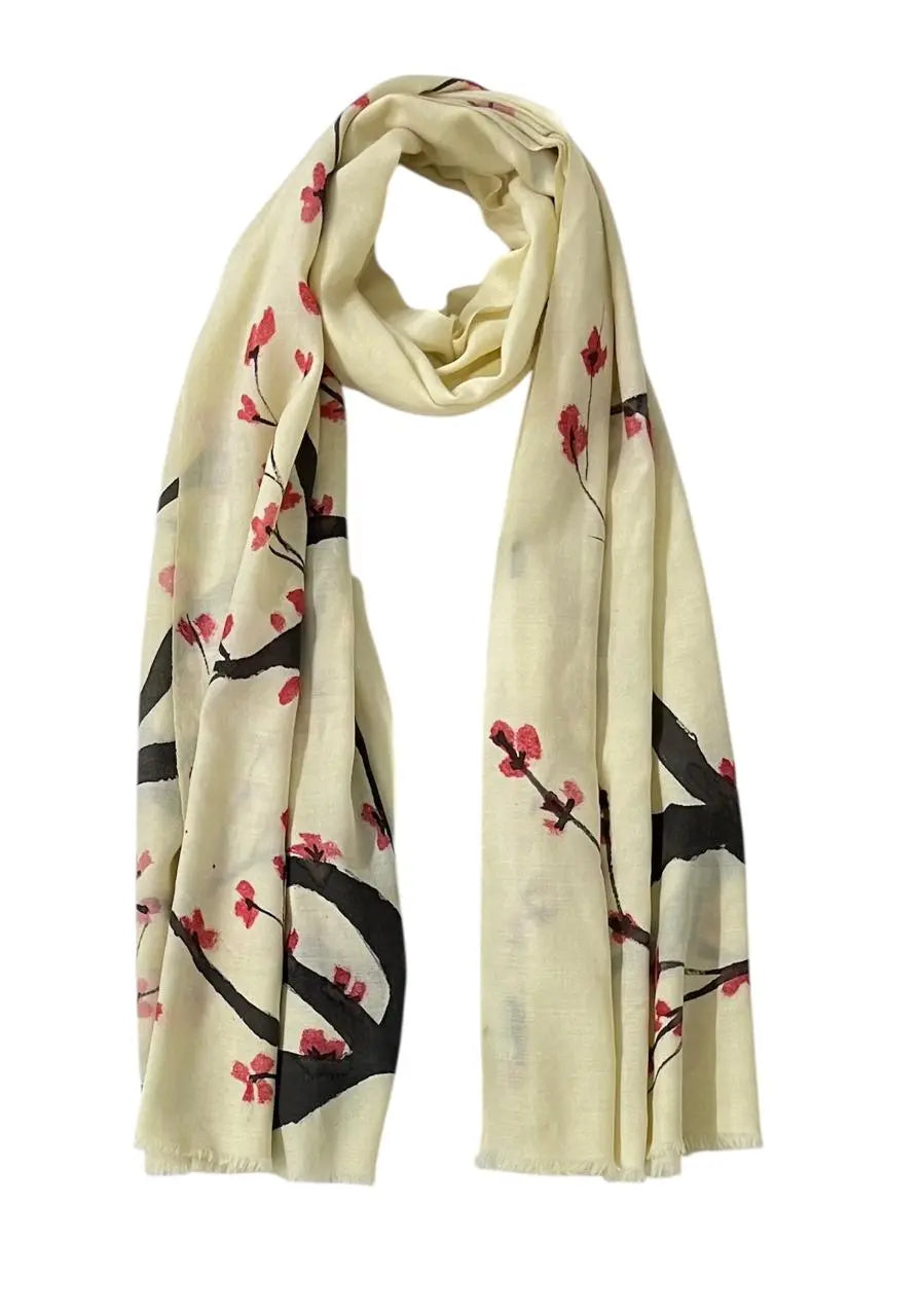 Decorative fabric with cherry blossom branches on a beige background Moonlight Petals Scarf by Soulweaves
