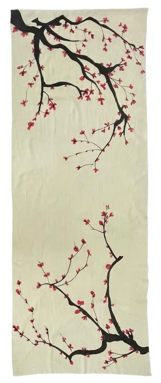 Decorative fabric with cherry blossom branches on a beige background Moonlight Petals Scarf by Soulweaves