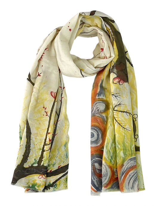 Tree design and colorful abstract patterns. Sakura Waves Scarf by Soulweaves