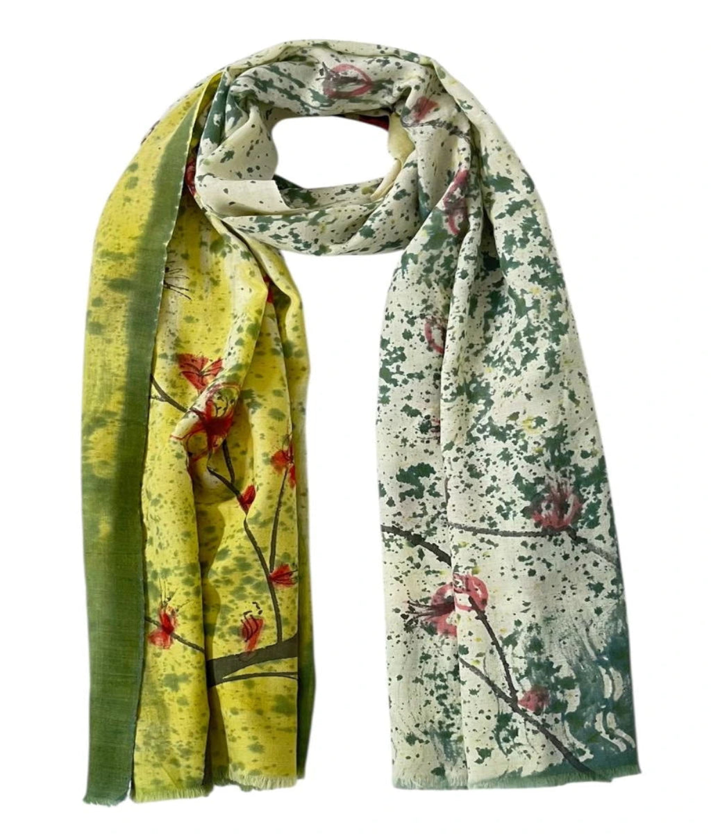 Floral patterned scarf with green and yellow accents on a white background Shuzuku Scarf by Soulweaves