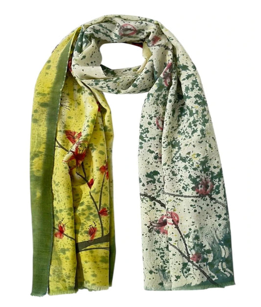 Floral patterned scarf with green and yellow accents on a white background Shuzuku Scarf by Soulweaves