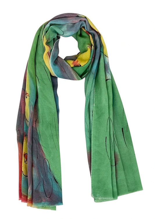 Colorful abstract artwork with green, yellow, and brown shapes on a white background Verdant Blook Scarf by Soulweaves
