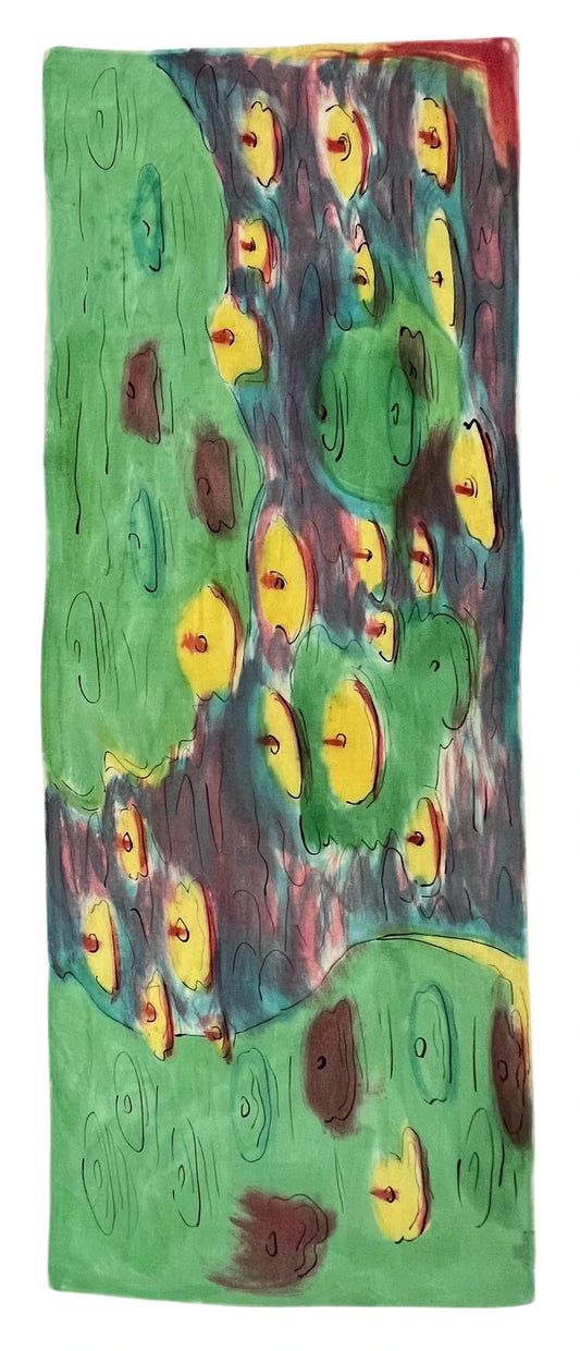 Colorful abstract artwork with green, yellow, and brown shapes on a white background Verdant Blook Scarf by Soulweaves