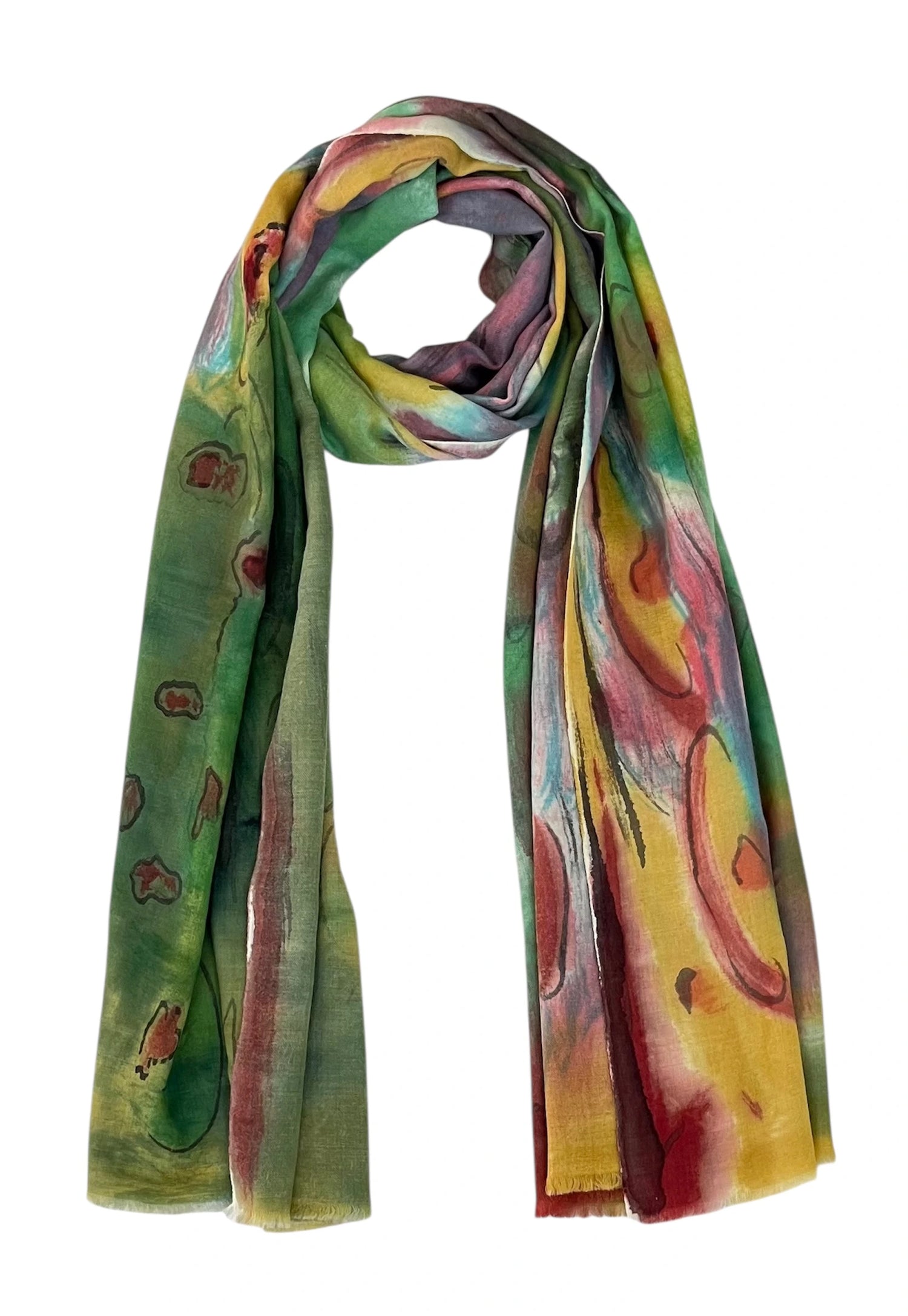 Colorful abstract art piece with vibrant green, yellow, and purple hues Whispering Grove Scarf by Soulweaves